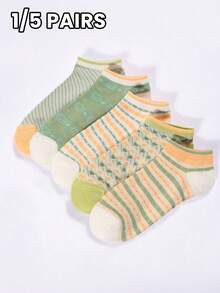 1/5 双浅绿色和橙色条纹浅口船袜，日式极简几何提花透气吸湿隐形短袜 - 彩色 - 查看 10