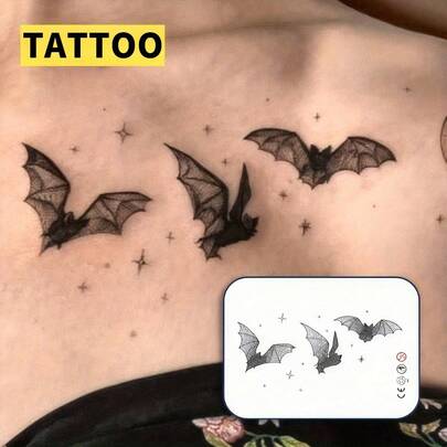 Permanent Bat Tattoo - Waterproof & Long-Lasting, Realistic Black Star Design, Plant-Based Ink, Suitable For Halloween And Casual Wear