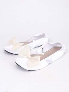 Nuevas bailarinas de boda blancas para mujer, con sensación de descalzo y ligero, con decoración de lazo, moda femenina casual, suave y cómoda, versátil y clásica, adecuada para uso en interiores, zapatos de ballet plegables y de fácil deslizamiento - Blanco - Ver 5
