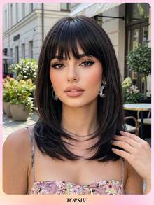 Topshe [Velvet Locks]14 Inch Fluffy Soft Black Wig, Bob Straight Hair, Heat-Resistant Synthetic Wig, Suitable For Women's Daily Wear, Cosplay, Halloween Party, Beginner Friendly - Black - View 11