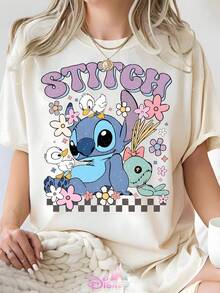 Disney Lilo & Stitch Cute Stitch & Scrump Graphic Oversized T-Shirt, Retro Cartoon Sweetheart Vacation Tee For Women - trắng - Xem 1