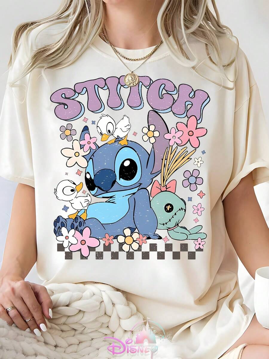 Disney Lilo & Stitch Cute Stitch & Scrump Graphic Oversized T-Shirt, Retro Cartoon Sweetheart Vacation Tee For Women - trắng - Xem 1