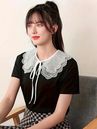 三层荷叶边网纱可拆卸领子，优雅纯色系带肩部休闲连衣裙配饰