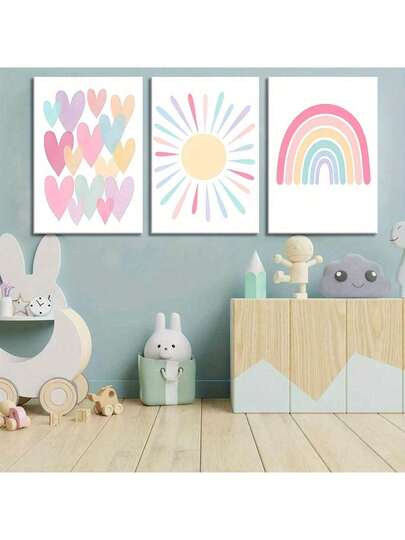 3 Pieces Pink Framed Canvas Wall Art For Kids Room, Rainbow Wrapped Canvas, Children's Bedroom, Pastel Wall Decor For Baby Girls, Boho Pink Sun Art, Suitable For Classroom, School, Kindergarten Decoration, Poster Gift, Birthday And Graduation Souvenir.