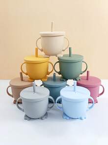 1pc Baby Silicone Material Cute Footprint Bottom Grip Dual-Ear Straw Cup, Suitable For Everyday Baby Drinking - Multicolor - View 2