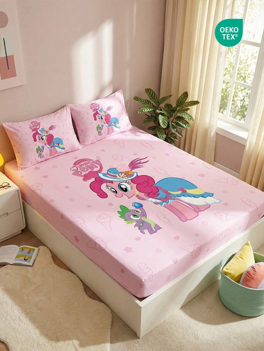 MY LITTLE PONY 2/3pcs  Printed Bedding Set, Including Fitted Sheet, Mattress Protector, Soft & Breathable, Suitable For All Seasons, Available In Multiple Sizes For Twin/Full/Queen/King Beds, Machine Washable, Cartoon Character Design, Warm Room Decor, Great Gift, Pink, OEKO-TEX Certified