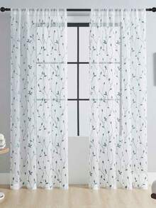 1件刺绣薄纱窗帘，花卉图案，带杆袋，防紫外线，透气，涤纶面料，无衬里，适用于客厅、卧室、餐厅 - 藍色 - 查看 11