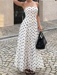 Unadoll 女士春夏优雅无肩带波点收腰喇叭下摆白色长裙复古派对婚礼宾客装扮 - 白色 - 查看 6