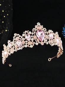 1pc Rose Gold Crystal Crown Bridal Headpiece, Princess Birthday Adult Gift Hair Accessory - Pink - View 3