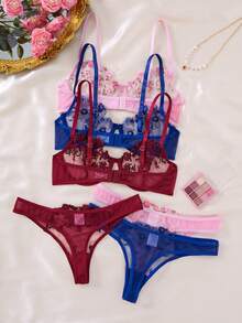 3套/6件装女士性感内衣套装，黑红、黑蓝、酒红配色，舒适日常穿着，性感内衣裤，非常适合圣诞节、万圣节派对礼物 - 黑色 - 查看 2