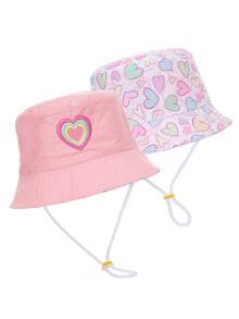 1顶儿童爱心蝴蝶印花双面渔夫帽，男女通用日常防晒帽 - 粉色 - 查看 5