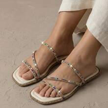 Set Of 2 Pairs Of Women's Flat Sandals With 3 Straps, Colorful Rhinestone Glitter, Comfortable, Soft, Lightweight, Square Toe. - Cream/Caramel - View 5