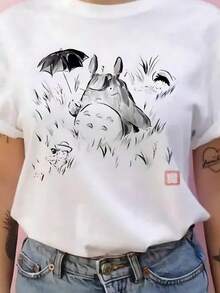 Summer Mensssssssss Short-Sleeved Studio Ghiblis Totoros T-Shirt Harajuku Kawaii Totoros Ghiblis Comfortable Casual T-Shirt  This Women's Printed T-Shirt Is Soft, Breathable, And Stylish. With  Patterns And A Comfortable Fit, It's A Must-Have Casual Top. Perfect For Daily Wear And Easy To Match, Making It A Popular Bestseller. - 白色 - 查看 1