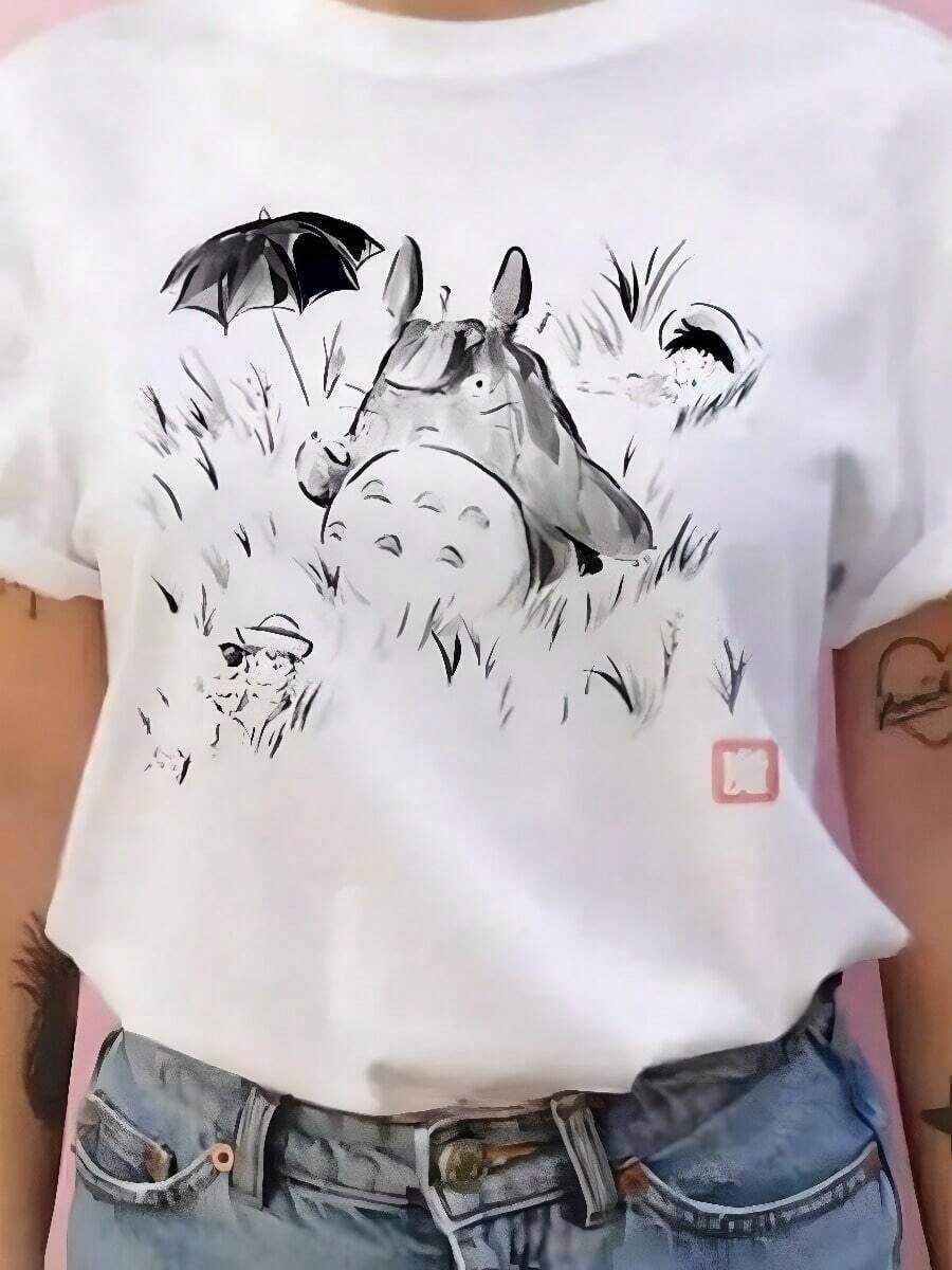 Summer Mensssssssss Short-Sleeved Studio Ghiblis Totoros T-Shirt Harajuku Kawaii Totoros Ghiblis Comfortable Casual T-Shirt  This Women's Printed T-Shirt Is Soft, Breathable, And Stylish. With  Patterns And A Comfortable Fit, It's A Must-Have Casual Top. Perfect For Daily Wear And Easy To Match, Making It A Popular Bestseller. - 白色 - 查看 1