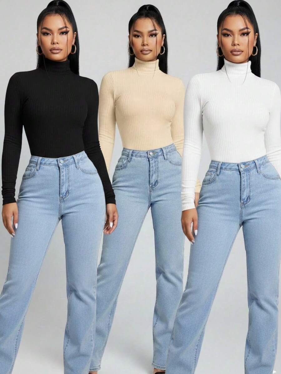 Kit Of 3 Stylish Women's Premium Ribbed Turtleneck Sweaters With Warm, Long Sleeves, Base Layer, For Winter, Copa Brasil, Core - Beige, Black and White - View 1