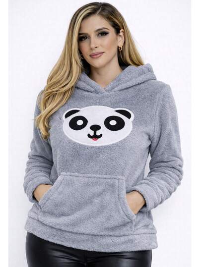 Casaco de moletom de pelúcia estampa pandinha blusa inverno feminino capuz promoção
