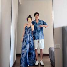Spring Women Dress 2026 New Design Blue Tie-Dye Strap Summer Vacation Style Short-Sleeve Shirt For Couples Matching Outfits - 女洋裝 - 查看 2