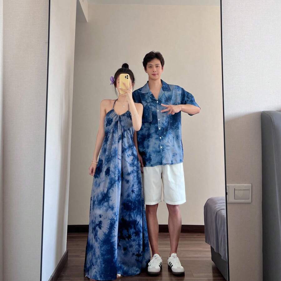 Spring Women Dress 2026 New Design Blue Tie-Dye Strap Summer Vacation Style Short-Sleeve Shirt For Couples Matching Outfits - 女洋裝+披肩 - 查看 1