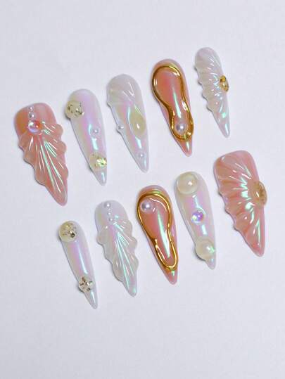 10pcs Handmade Press-On Nail, Stiletto Shape Tips, 3D Cute Shell Line Nails, Painted With Golden Lines And Water Droplets, Decorated With Pearl Nails Design Artificial Nails, Y2K Style, Suitable For Girls And Women For Daily, Holiday, Travel, Birthday, Wedding Nail Decoration, Gift For Girls