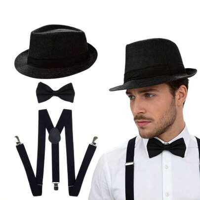 3pcs 1920s Party Outfit Set For Men, Includes Top Hat, Suspenders, Bow Tie, Suitable For Party, Holiday, Performance