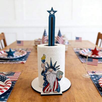 1/2个爱国主题木制立式纸巾架，采用红、白、蓝三色山姆大叔和花卉旗帜设计，适合厨房餐桌、客厅和卧室装饰。
