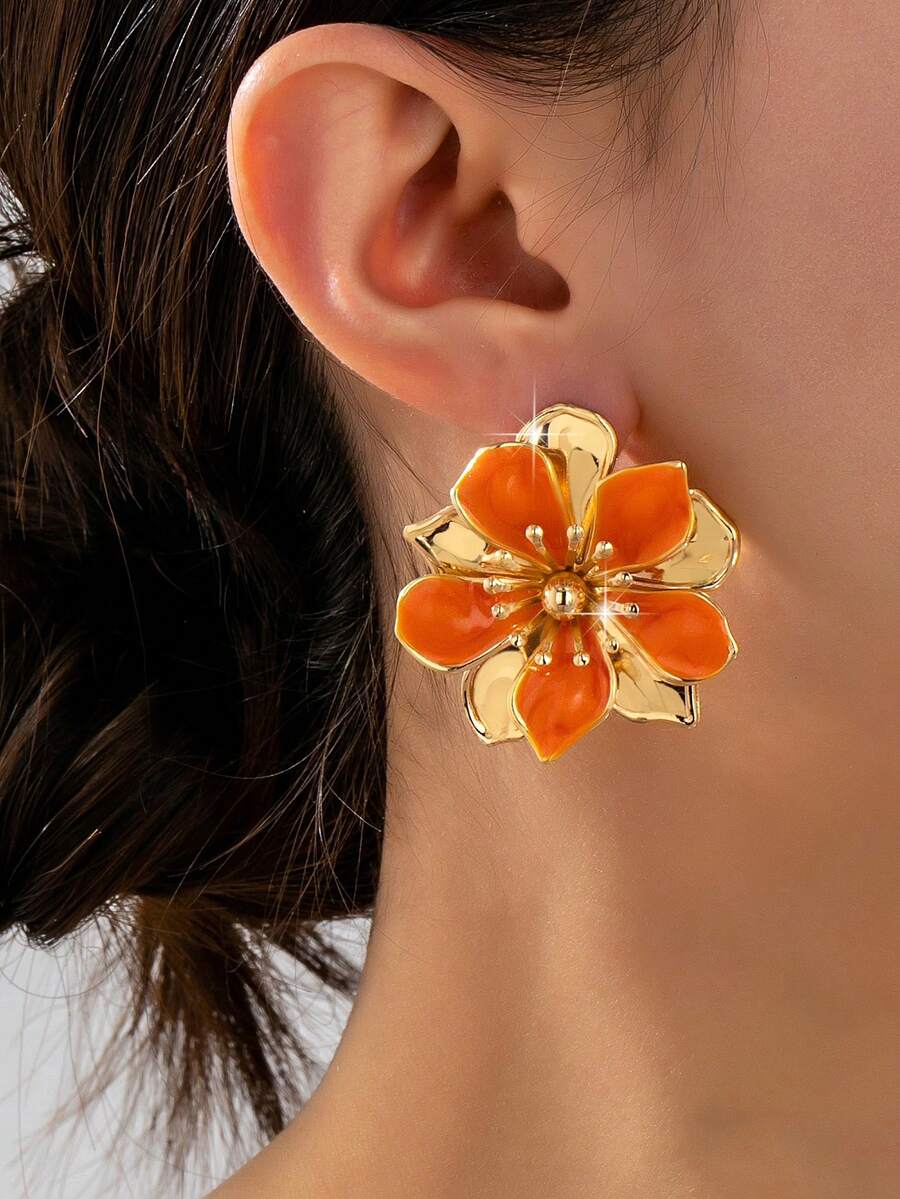 1 Pair Fashionable Enamel Flower Pendant Earrings, Suitable For Women's Daily And Summer Vacation Elegant Outfits - Yellow Gold - View 1