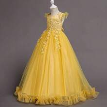 Vintage Lace Party Dress For Girls - Boho Style Maxi Gown For Pageant, Wedding & Celebration - 黃色 - 查看 4