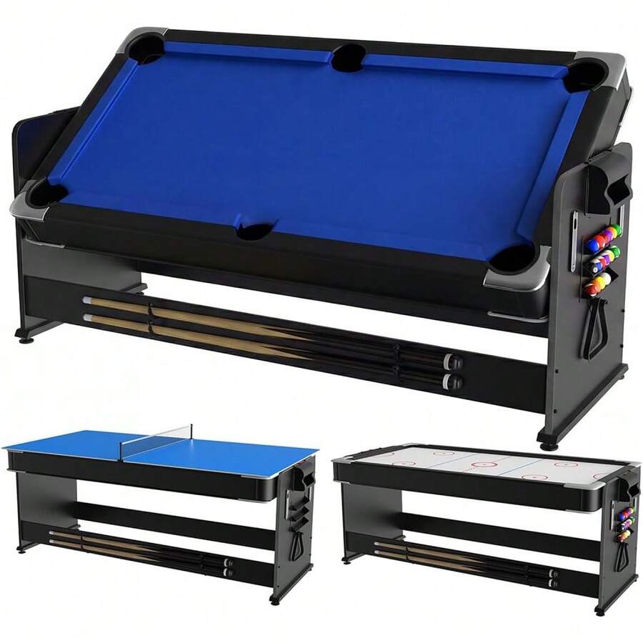 ShiningLove 7-Foot 3-In-1 Multi-Game Table, Air Hockey Billiards Table Tennis Combo With High-Performance Airflow, Flip Top & Full Accessories For Game Room - Blue - View 1
