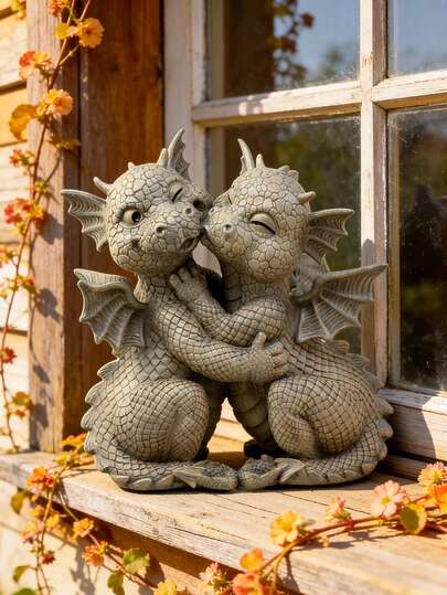 Adorable Resin Dragon Couple Statue – Decorative Dinosaur Sculpture For Outdoor Garden, Patio Table & Balcony Decor, Handcrafted Weatherproof Figurine With Intricate Scale Details, Great For Fairy Garden, Lawn Ornament, And Rustic Porch Displays, A Whimsical Accent To Elevate Your Outdoor Living Area And Delight Guests With Playful Charm
