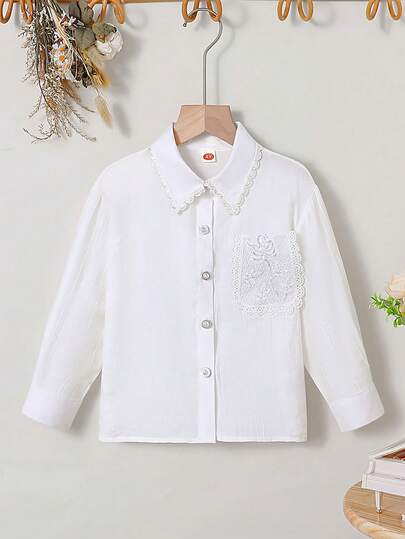 Girls' Spring/Summer Back To School Casual Academy Style White Lace Trim Hollow Pocket Sequin Pearl Button Decor Long Sleeve Collared Blouse Top