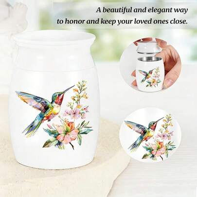 Small Hummingbird Mini Aluminum Alloy Memorial Urn - White, Green Pattern - 1.75 Inches Tall - Human Pet Ashes Keepsake - Secure Threaded Lid - Elegant & Exquisite Craftsmanship - Decorative Urn For Adults