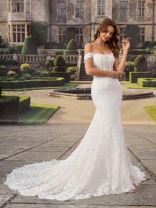 HEARBOBO Elegant White Lace Applique Mermaid Graduation Gown, Fairy Wedding Dress With Train - White - View 7