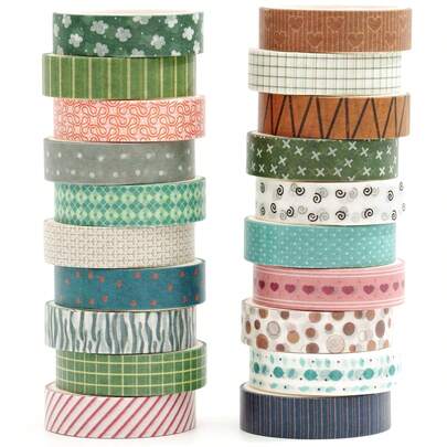 Bộ 20 cuộn băng dính Washi cơ bản, băng dính giấy mỏng nhiều họa tiết chấm bi, hoa, sao, mũi tên, trái tim, dùng để trang trí thủ công mỹ nghệ, album ảnh, sổ kế hoạch, scrapbook, gói quà.