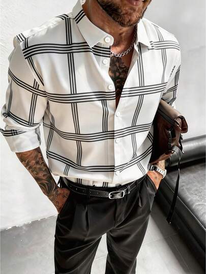 Men's Plaid Long Sleeve Single-Breasted Casual Formal Shirt