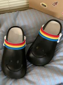 Women's Thick Sole Sandals, Waterproof Platform Closed Toe Slippers, Cute Smiling Face Pattern, Black, Summer Outdoor Wear, Fashionable Slip-On, Anti-Slip Breathable Elastic Shock-Absorbing, Suitable For Girls And Students, Spring And Autumn - Black - View 5