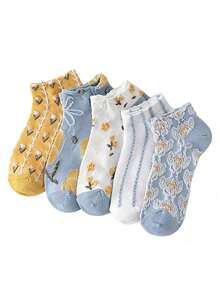 5 Pairs Women's Vintage Floral Socks, Short Crew Socks, Low Cut, Spring/Summer Thin Style, Japanese Fresh Ins Style - Multicolor - View 1
