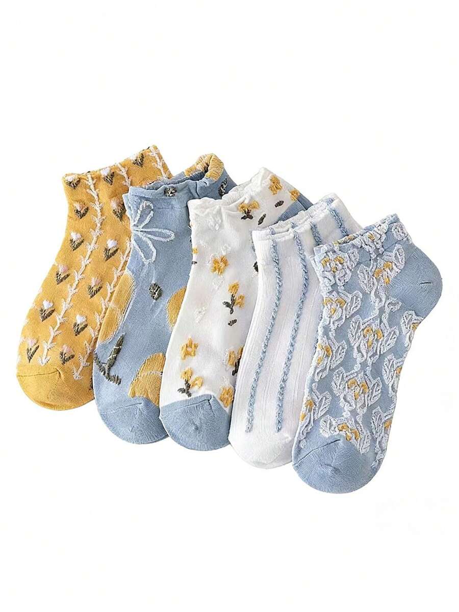 5 Pairs Women's Vintage Floral Socks, Short Crew Socks, Low Cut, Spring/Summer Thin Style, Japanese Fresh Ins Style - Multicolor - View 1
