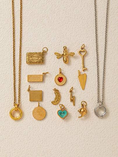 1 Piece Of Daily Casual Women's Necklace Pendant, Including Cookies, Teapot, Heart Shape, Feathers, Lightning, Airplane, Keys, Bees, And Chain Links. Stainless Steel Material, Plated With 18K Gold, Waterproof And Fade Resistant. Suitable For DIY Necklace Accessories, Charming Jewelry Accessories, Women's Jewelry Accessories, DIY Jewelry Accessories, Gifts, Beach Accessories