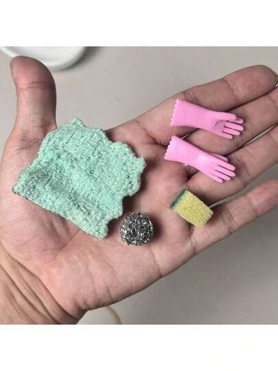 迷你娃娃屋厨房装饰（手套+小钢珠+抹布+海绵）模型，娃娃屋厨房装饰配件模型，娃娃屋场景摄影道具