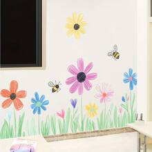 1pc Graffiti Bee & Flower Window Glass Sticker - Funny Spring Theme Decal, Self-Adhesive Removable Decoration For Home, Kids Room, Classroom, Cute Handpainted Style Home Decor - 1PC - View 3