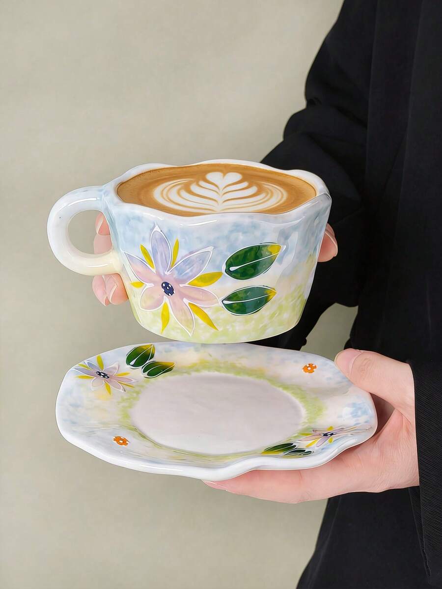 Bộ tách và đĩa sứ kiểu Ins Style họa tiết hoa tươi tắn, bộ tách và đĩa sứ vẽ hoa chuyển màu thủ công, tách cà phê sứ viền lượn sóng bất đối xứng, bộ tách và đĩa sứ trà chiều nữ tính. - Nhiều màu - Xem 1