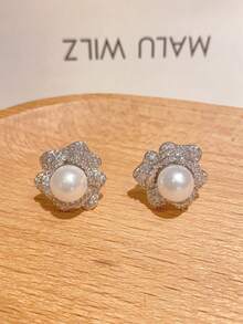 2pcs Copper Inlaid Zirconia Camellia Pearl Earrings, Niche Design Delicate Earrings, Versatile Commuter Elegant Earrings - Fashion Earrings - View 8