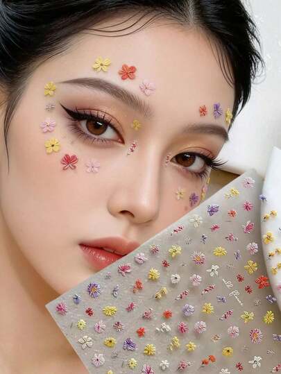 1pc מדבקת פנים מרעננת בצבעים מעורבים של פרחי כותרת, מדבקת איפור כלה צבעונית עם פרחי אביב, איפור רפוי, יופי של שנייה אחת, איפור יומיומי, איפור יצירתי, מדבקה דקורטיבית דביקה עצמית