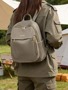 Ba lô nữ dung tích lớn, thiết kế màu trơn cổ điển. - Màu Khaki - Xem 6