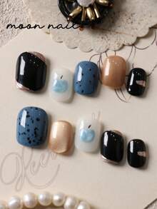 10pcs Press On Nails Blue Apple Black White Golden Nails Press On Nail Supplies Short Nails Fake Nails Artificial Nails Kit Includes 1sheet Adhesive Tabs &1 Pc Mini File - Multicolor - View 1