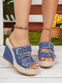 女士时尚双扣露趾厚底坡跟拖鞋 - 藍色 - 查看 9