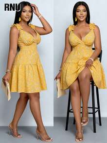 RNU Plus Size Women's Ditsy Floral Ruffle Shoulder Sleeveless Dress, Suitable For Office Commute, Evening Date, Holiday, School, Vacation, Casual Home, Daily Wear, Birthday Party, Formal Dinner, Back To School Party, Singles Party, Travel, Stage Performance And Concert, Afternoon Tea, Country Music Festival, Etc. - Yellow - View 3