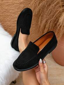 女士绒面革一脚蹬乐福鞋，休闲平底鞋，黑色绒面革乐福鞋，TPR鞋底，办公通勤鞋 - 黑色 - 查看 4
