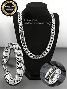 1pc Stainless Steel Minimalist Necklace And 1pc Bracelet Set For Men - Gold - View 14