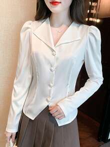 短款不对称法式泡泡袖衬衫，纽扣前襟，纯色办公服饰，春季白色 - 白色 - 查看 3